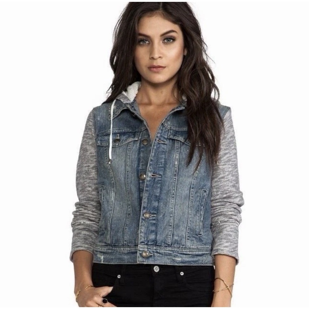 Free People Throwback Hooded Denim & Knit Jacket Womens M Urban Grunge Utility